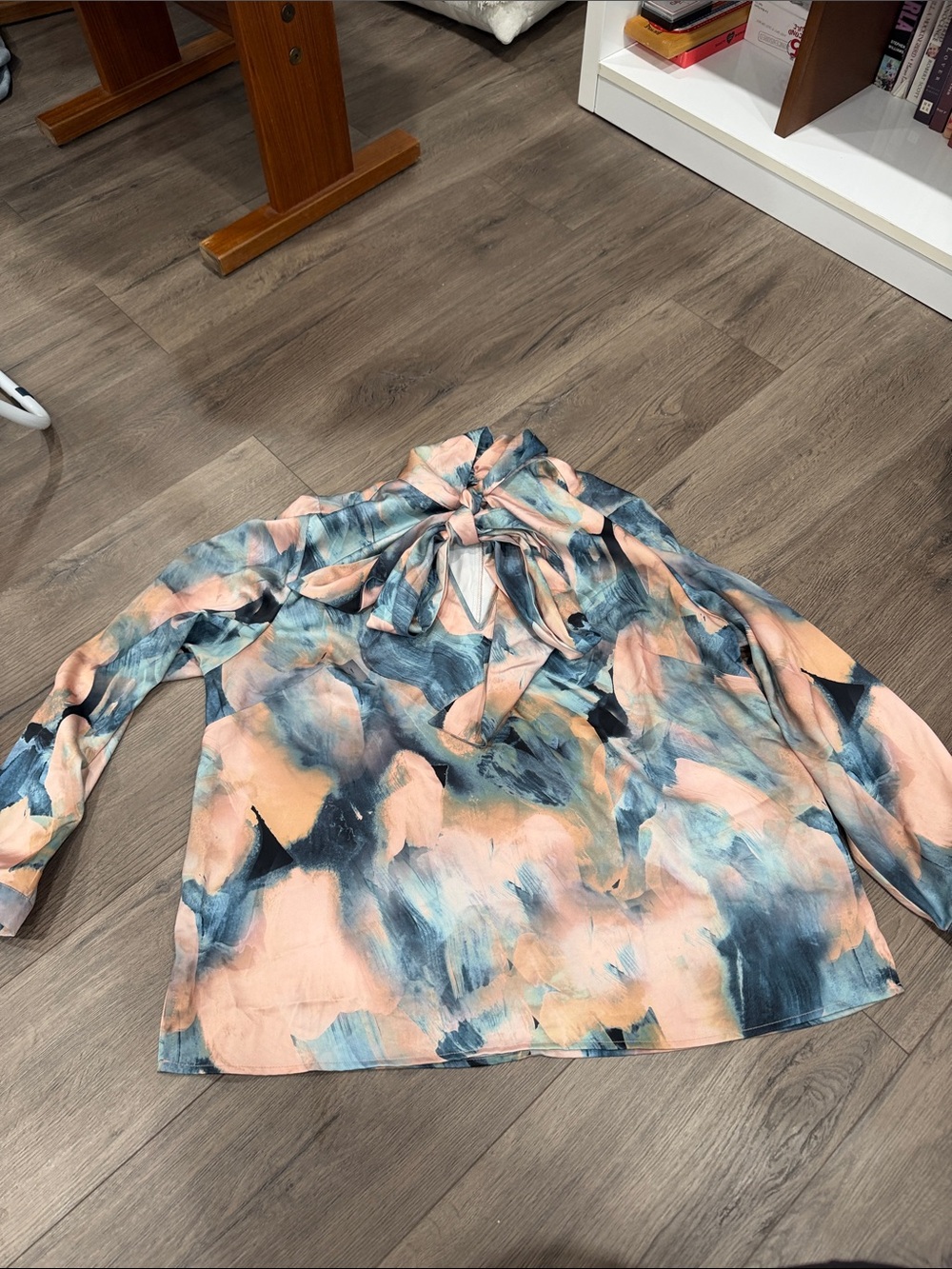 Eloquii Peach and Blue Abstract Tie-Neck Blouse